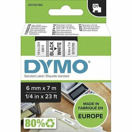 DYMO Label Tape, f/DYMO Labelmakers, 1/4inx23ft , Black/White DYMS0720780